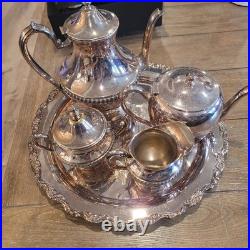 Wm. A. Rogers Silverplate Tea/Coffee Set with Tray Teapot Sugar Creamer Silver Pl Wm. A. Rogers Silverplate Tea/Coffee Set with Tray Teapot Sugar Creamer Silver Pl