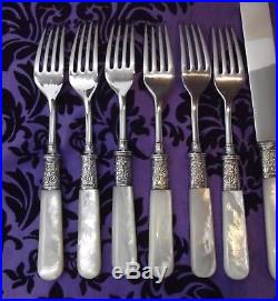 Wm Rogers Mfg Mother of Pearl Handle 12 Pc Knife & Fork Set withFloral Ferrules