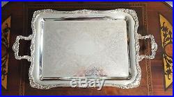 Wm Rogers Silver Tray Footed with Handles 27 Engraving Shells Antique Exc Cond