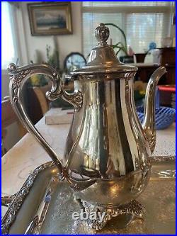 Wm. Rogers & Sons Silverplate Victorian Rose Coffee & Tea Service & Large Tray