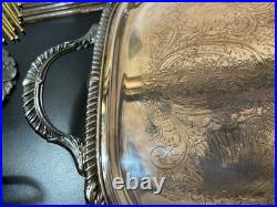 XLg Silver Plated Antique Footed Butler Tray W Handles Vintage FB Rogers